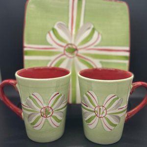 Canterbury Potteries Square Plate with two‎ mugs Green Red Bow Christmas set